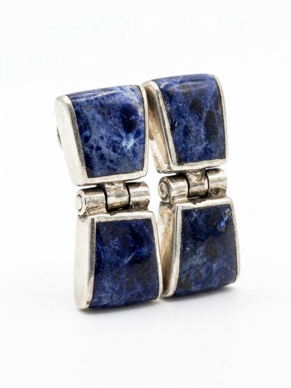Modernist Design 925 Sterling Silver Sodalite Geometric Hinged Drop Earrings